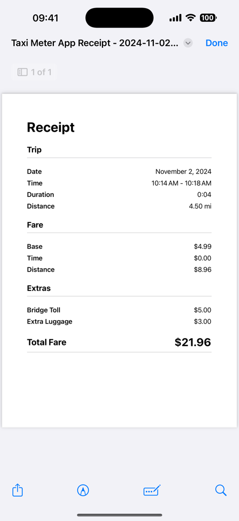 A professional digital receipt from the Taxi Meter app showing an itemized fare breakdown including distance base fare and tolls