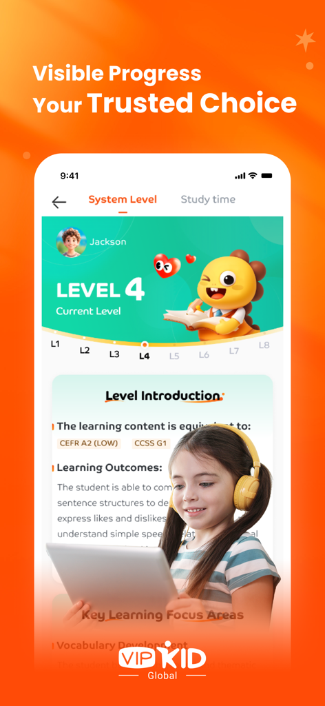 VIPKidモバイルアプリのダッシュボードには、生徒の英語学習レベルと進捗状況の追跡が表示されています。
