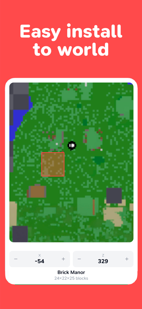 BuilderGPT – AI MC Builder - Interface showing a Minecraft map with coordinates for easy building installation.