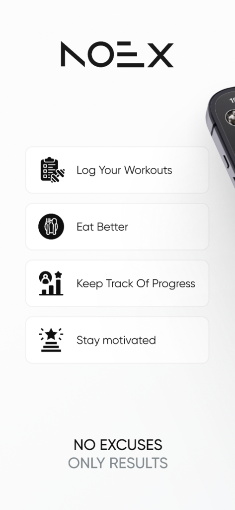 NOEX Training Platform - Tela inicial do aplicativo de fitness NOEX destacando recursos de registro de treino e acompanhamento de progresso