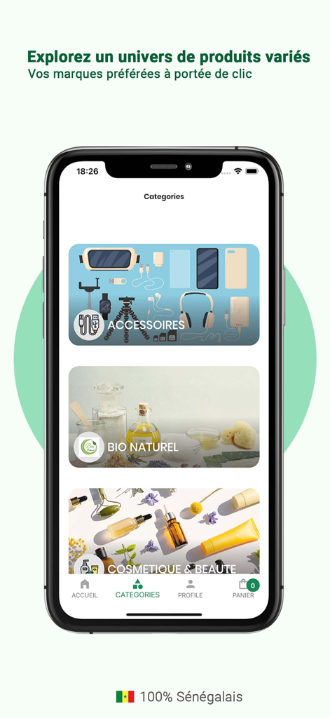Soumari - Categories screen of the Soumari mobile app showing sections for accessories bio natural and beauty products