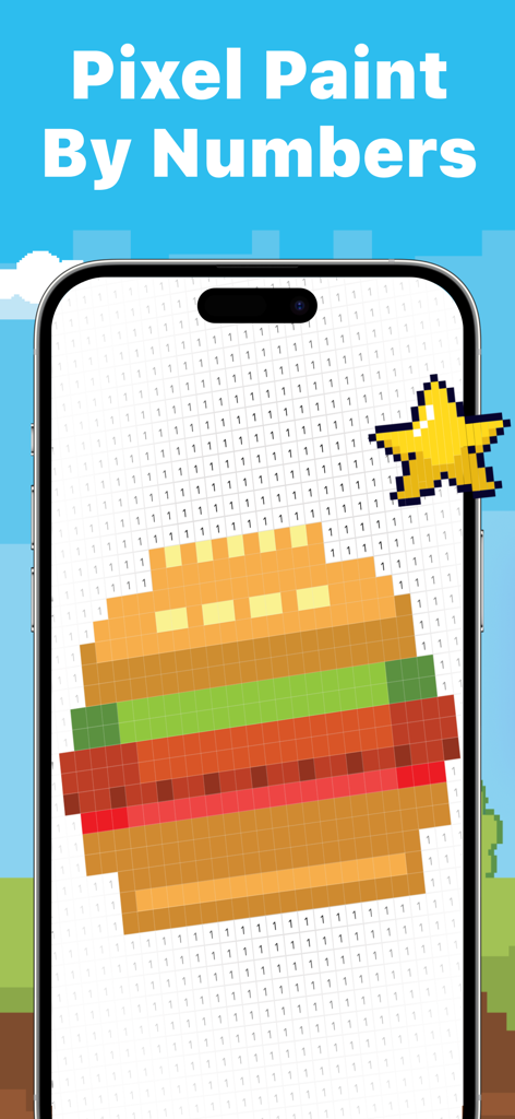 Color by Number AI - Pixel art burger on a smartphone screen for a color by number app