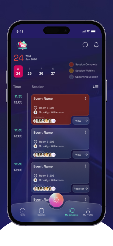 Creator's Mela - A mobile app interface for Creator's Mela showing a daily schedule of digital creator sessions and workshops.