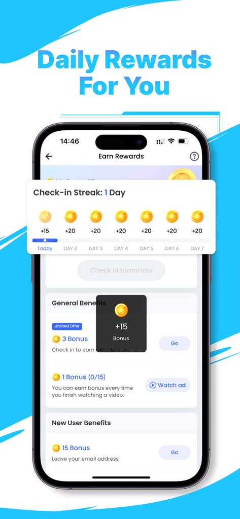 MegaNovelアプリのモバイルスクリーンショット：コインボーナス付きのデイリーリワードとチェックインストリーク画面を表示。