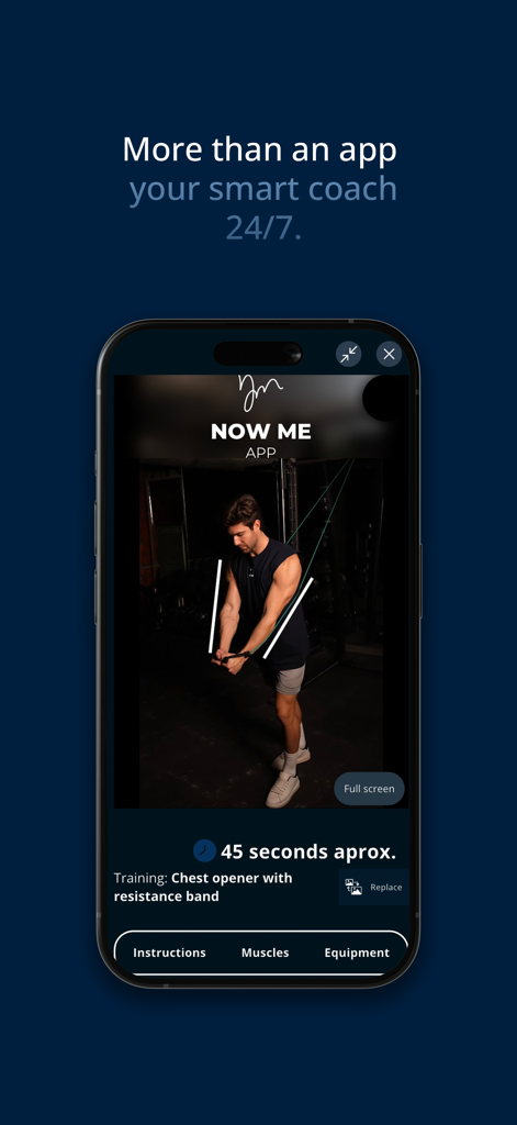 Now Me App En - Smartphone displaying a workout video of a man performing a chest opener with a resistance band in the Now Me App.