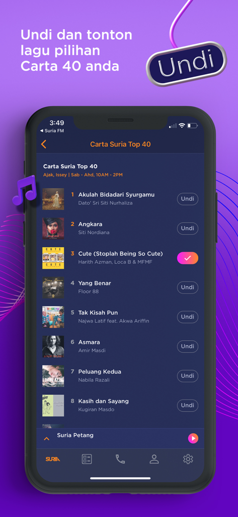 Suria Malaysia - Interfaz de la aplicación Suria Malaysia mostrando la lista de música Top 40 y botones para votar por canciones