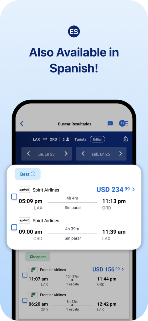 CheapOair app interface showing flight search results in Spanish.