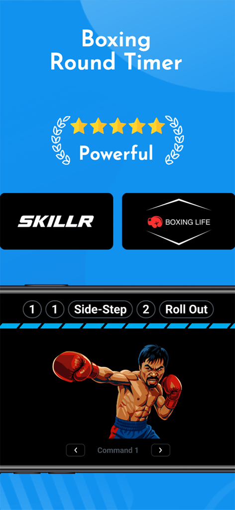 PRO BOXING: Training & Fitness - Interfaz de aplicación móvil para un temporizador de asaltos de boxeo que muestra una secuencia de ejercicios técnicos y combinaciones de golpes.