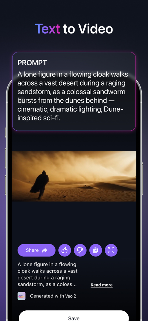 Spice: AI Video Maker & More - Spice AI Video Maker interface showing the text to video generation feature with a desert prompt