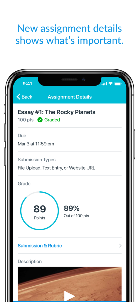 iPhone screen showing Canvas app assignment details for an essay with an eighty-nine percent grade score