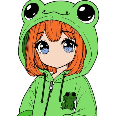 cute realistic girl in a froggy hoodie