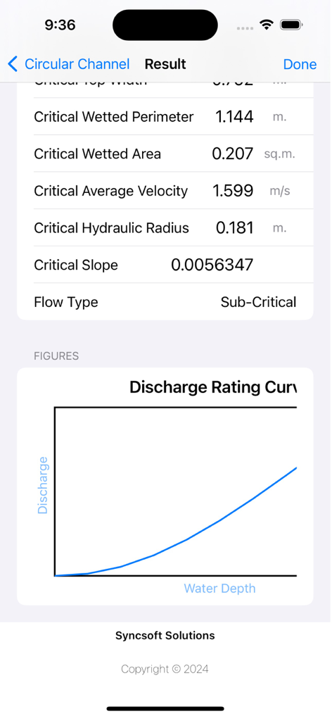 수압 계산 결과와 방류량 등급 곡선 그래프를 보여주는 모바일 앱 인터페이스