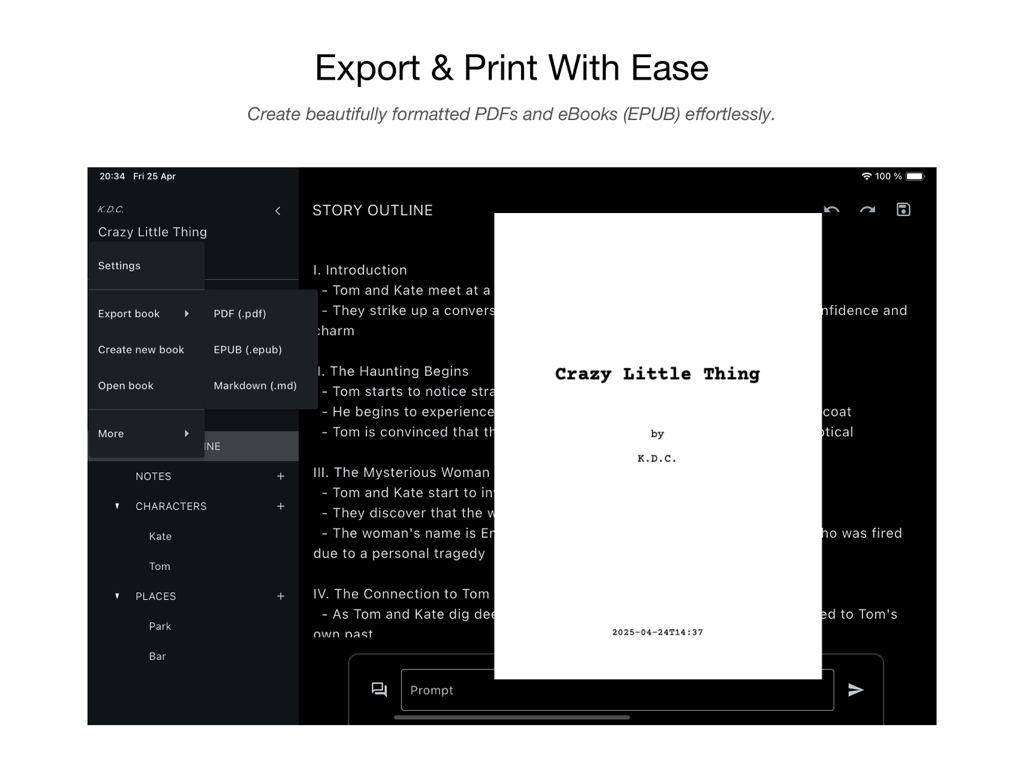 neverlabs AI Writer - Interfaz de neverlabs AI Writer mostrando opciones de exportación para PDF, EPUB y Markdown con una vista previa de la portada del libro.