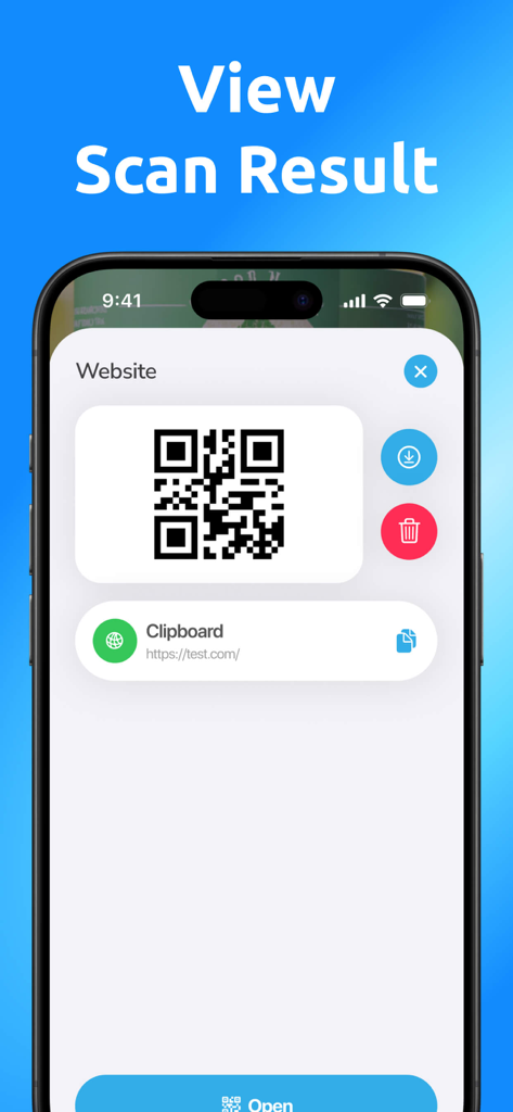QR Code Generator Pro‎ - Ein mobiles Smartphone zeigt das Scan-Ergebnis eines QR-Codes mit Optionen zum Speichern oder Löschen