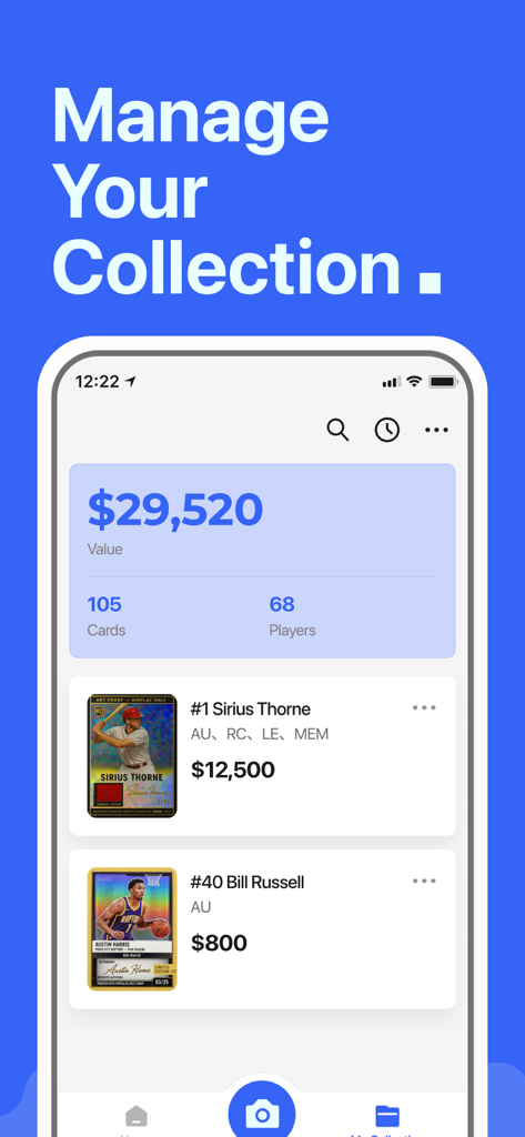 Painel do aplicativo StarSnap mostrando o valor total da coleção de cards esportivos e os preços dos cards individuais