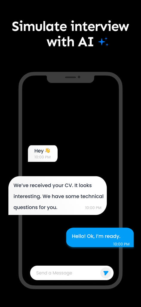 Smart CV: Resume Maker - A smartphone showing a chat interface for an AI-powered job interview simulation.
