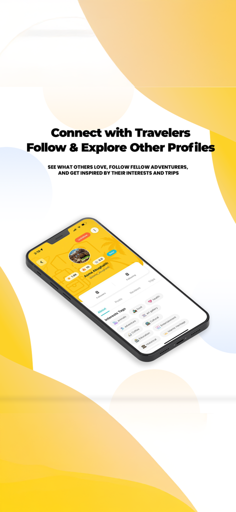 Discover Jordan app profile screen displaying traveler interests and social connectivity features