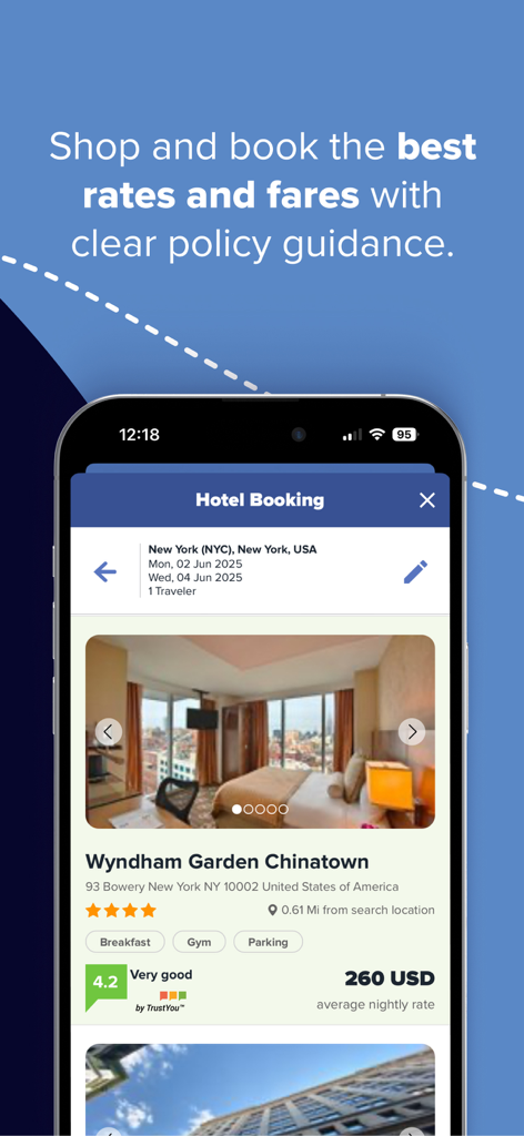 TripSource - Mobile interface of TripSource app showing hotel booking options and corporate rates for business travelers