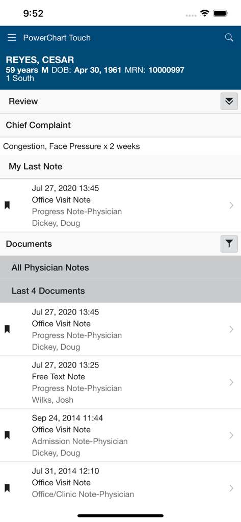 PowerChart Touch - Electronic health record interface on a mobile device showing patient details and physician notes