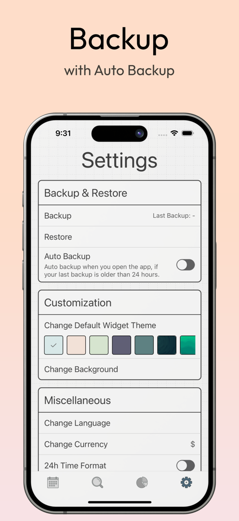 DayDew - Journal, Diary, Notes - DayDew app settings screen showing backup options, theme color selection, and miscellaneous preferences like language and currency.