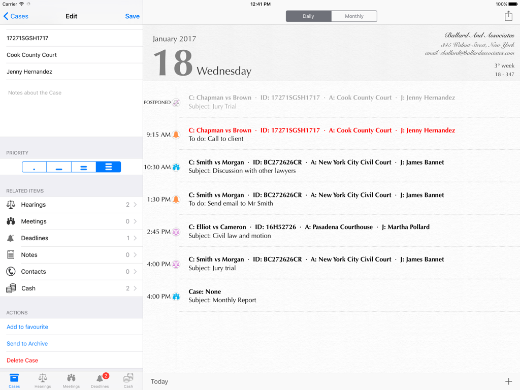 Lawyer's Planner - iPad interface of Lawyer's Planner showing a daily schedule of legal cases and hearing details.