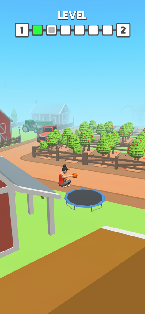 Flip Dunk - Un personnage dans Flip Dunk sautant sur un trampoline avec un ballon de basket dans un décor de ferme