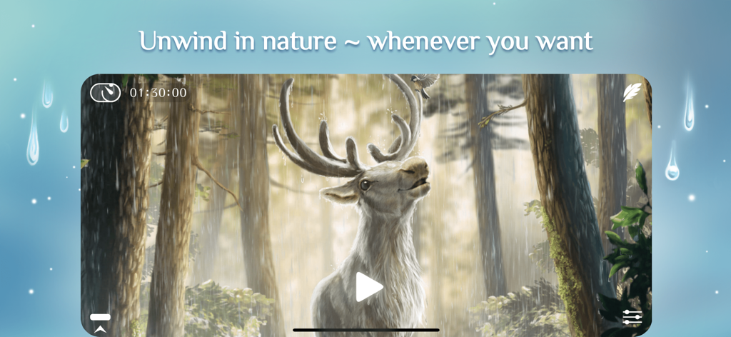 Rainy Sleep Rain Sounds HQ 3D - A serene 3D parallax illustration of a white deer in a rainy forest from the Rainy sleep sounds app interface