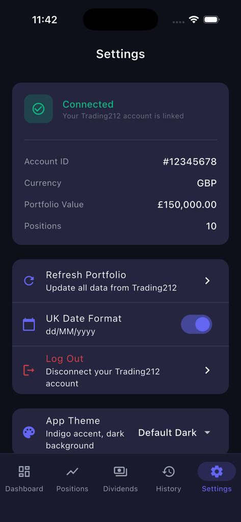 212 Portfolio - Der Einstellungsbildschirm der 212 Portfolio-App, der den Kontostatus und die Anpassungsoptionen anzeigt.