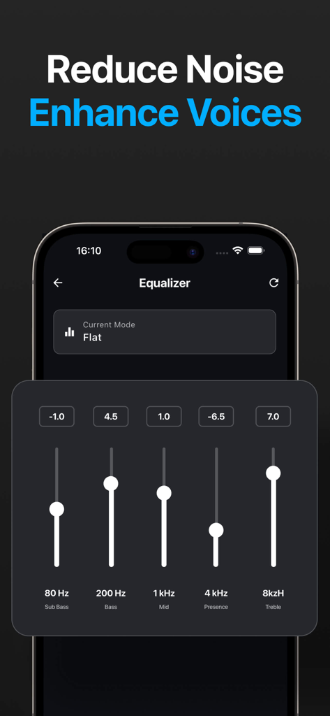 Hearing Aid・Boost: Heared - Equalizer interface in the Heared app for adjusting frequencies to enhance voices