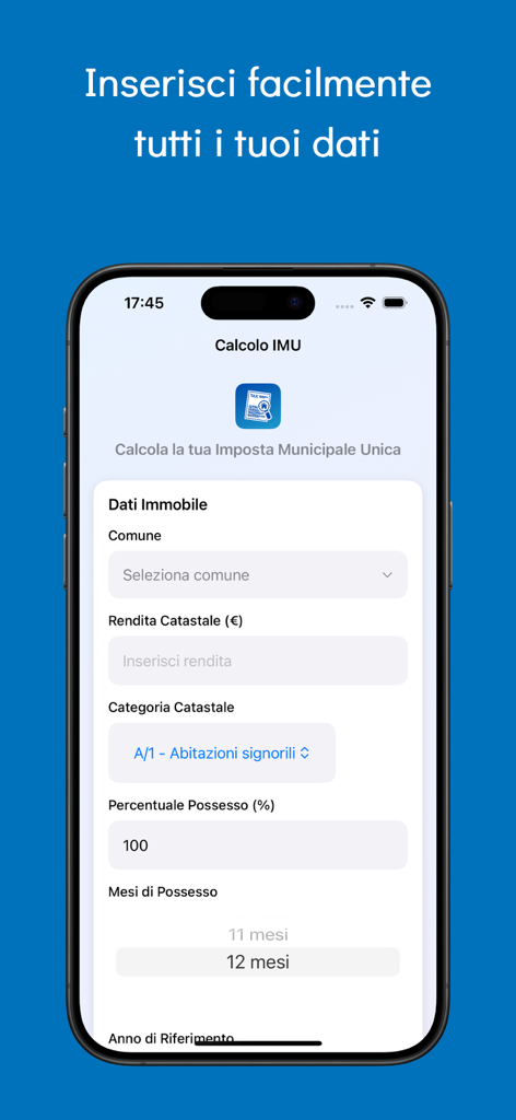 Interfaz de la aplicación móvil IMU Rapida mostrando el formulario de entrada de datos para el cálculo del impuesto sobre la propiedad italiana