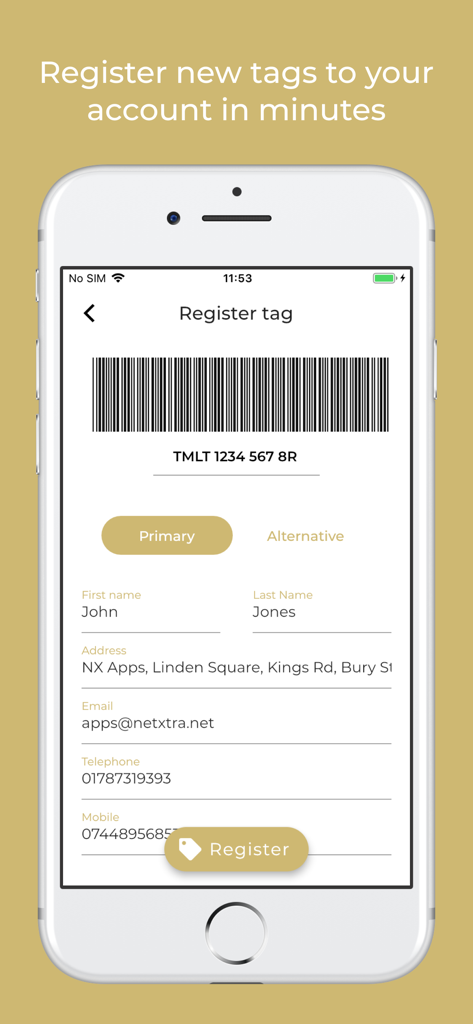 Interface of Trace Me app for registering a new luggage tracker tag with personal details and barcode
