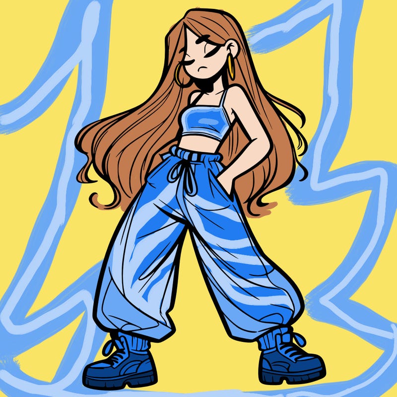 girl in baggy pants crop top and long hair