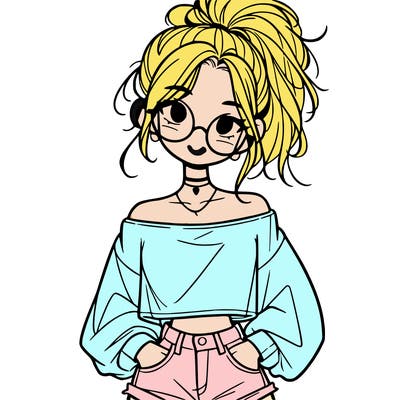 girl with a messy ponytail glasses a baggy crop top and jean shorts
