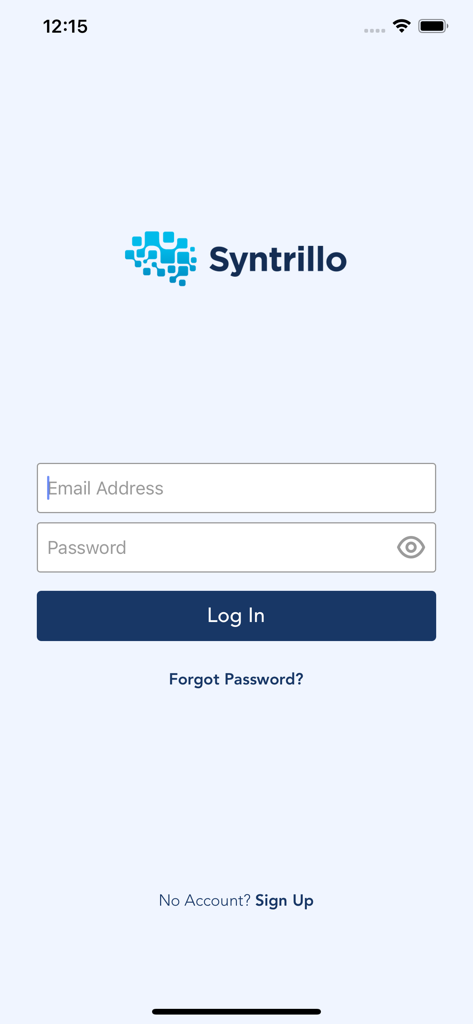 Schermata di accesso all'app Syntrillo con campi di inserimento email e password e un logo del marchio blu.