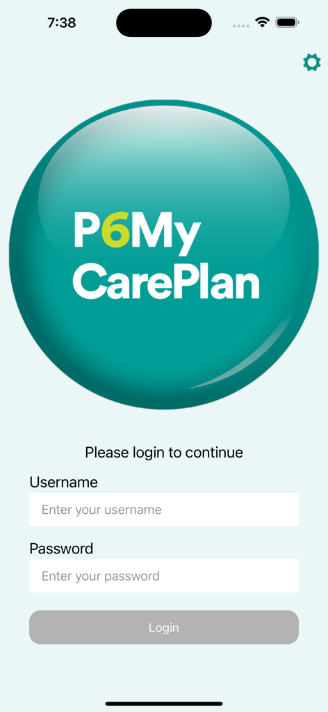 Login screen of the Leecare P6MyCarePlan app featuring the logo and fields for username and password.