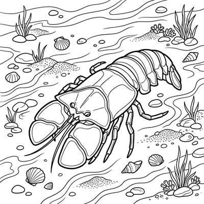 Unleash your creativity with this captivating Slipper Lobster coloring page, featuring a detailed depiction of this unique marine creature. Explore the sandy ocean floor, complete with shells and aquatic plants, offering a delightful coloring adventure for all ages.