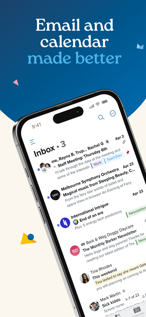 Fastmail – Email & Calendar - Fastmail app interface on iPhone showing an organized email inbox with labels and the headline Email and calendar made better