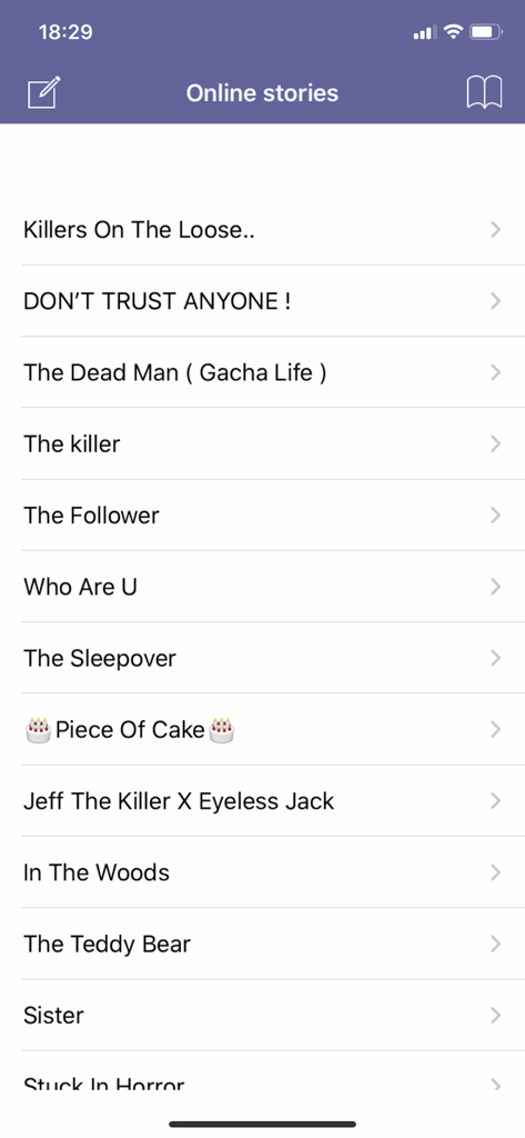 A menu showing a list of available online horror chat stories within the app interface.