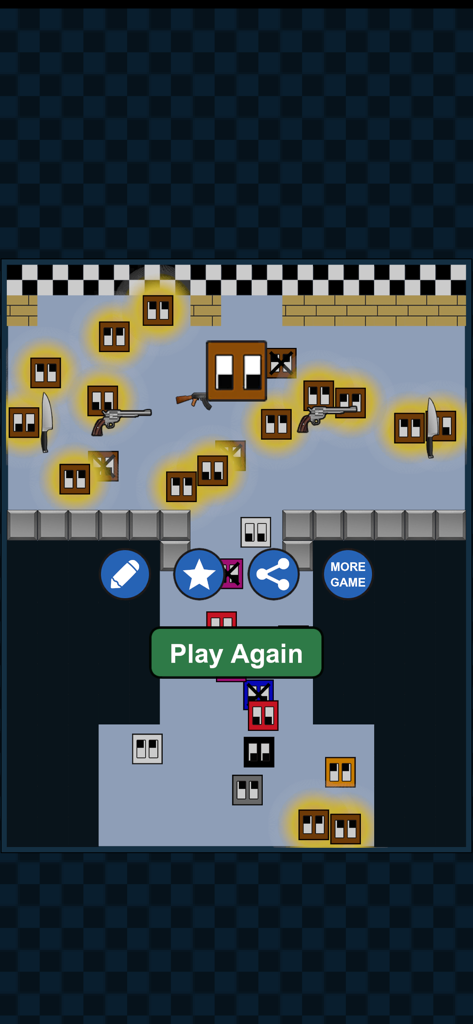 Square Race Simple - A scene from Square Race Simple featuring square characters with weapons and a play again button
