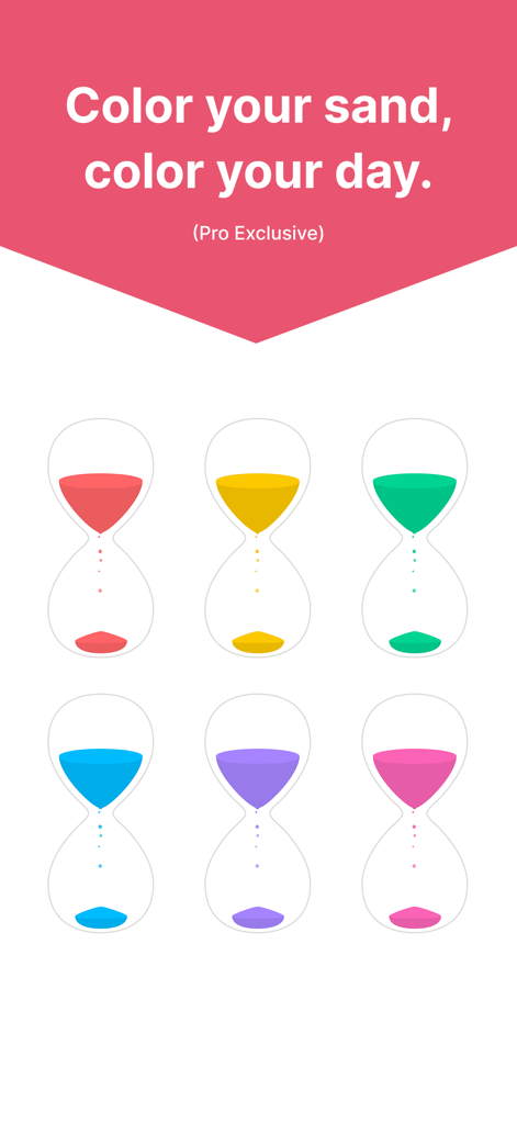Hourglass - Simple Timer - A grid of six minimalist hourglasses with different sand colors including red yellow green blue purple and pink
