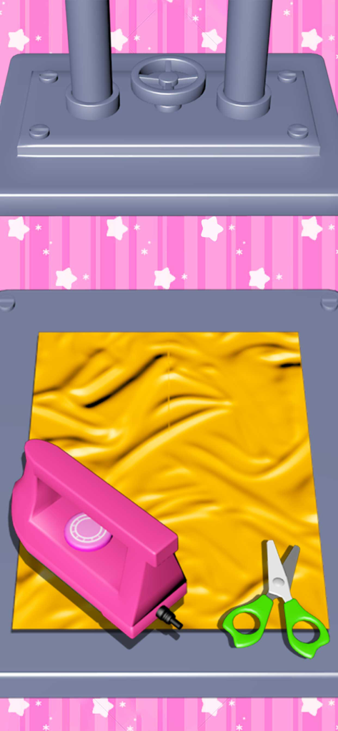 Bikini DIY: Bra Bikini Games - Um ferro rosa sobre tecido amarelo amassado com tesoura verde em um jogo DIY de moda