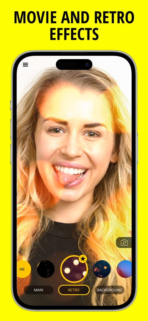 Face Effects, Filters & Emojis - 영화 및 레트로 조명 누출 효과를 보여주는 아이폰 속 여성의 셀카