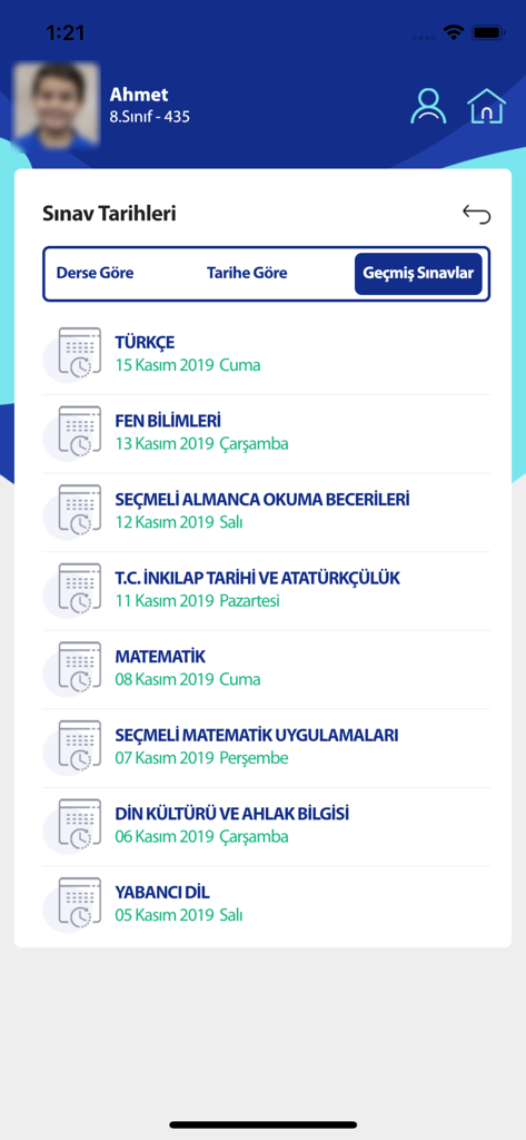 The exam dates section of the MEB E-OKUL VBS app showing a student's previous test dates for various school subjects.