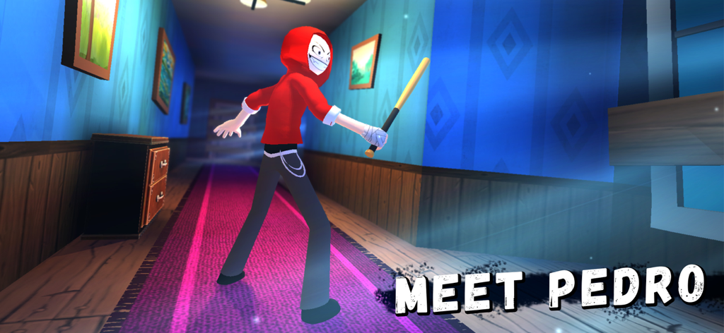 Angry Boy Pedro and His Friend - Personaje de Angry Boy Pedro con una sudadera roja y un bate de béisbol en un pasillo oscuro