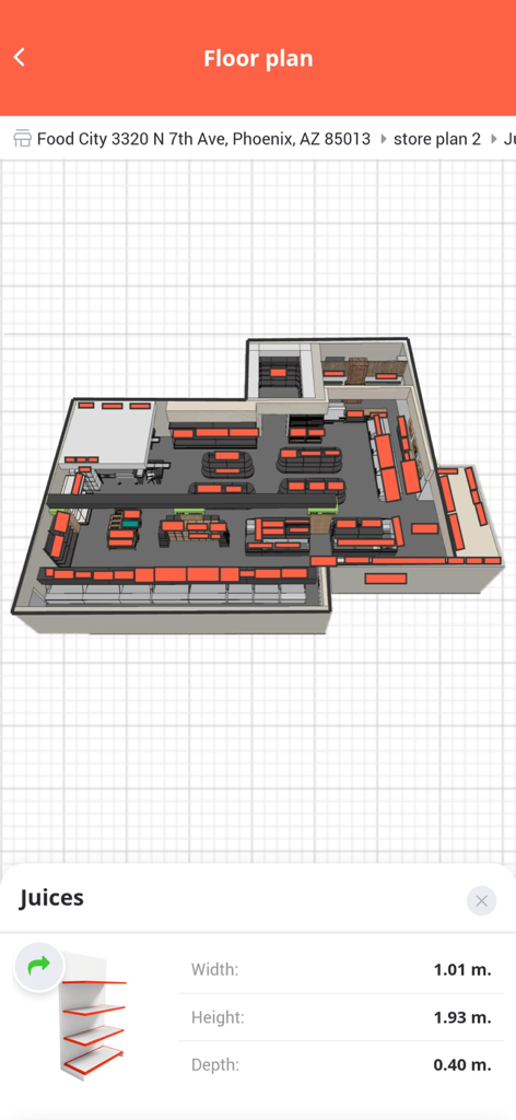 3D isometric retail floor plan showing shelf placement and dimensions for merchandising