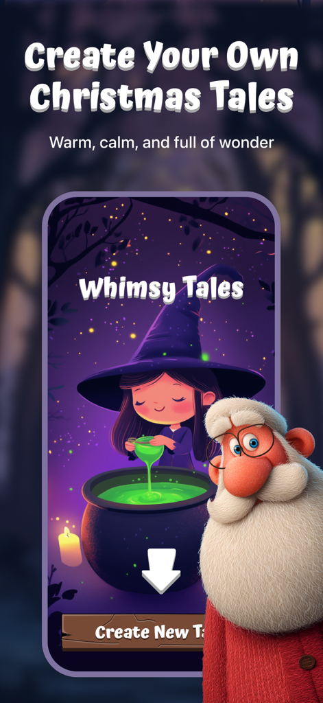 Whimsy Tales - Interface do aplicativo Whimsy Tales mostrando a criação de uma história mágica de Natal com uma bruxa de desenho animado e o Papai Noel.