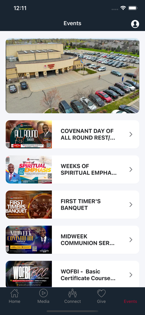 Winners Chapel Minnesota - The events screen of the Winners Chapel Minnesota app showing church programs like Midweek Communion and First Timer's Banquet.