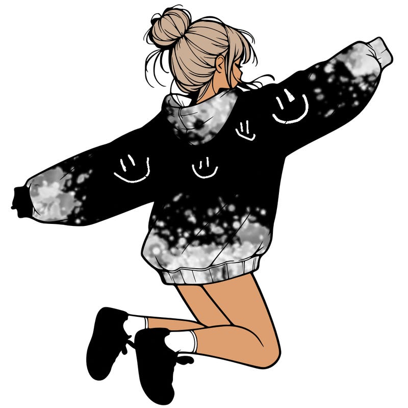 realistic girl jumping with a bun and oversized sweatshirt