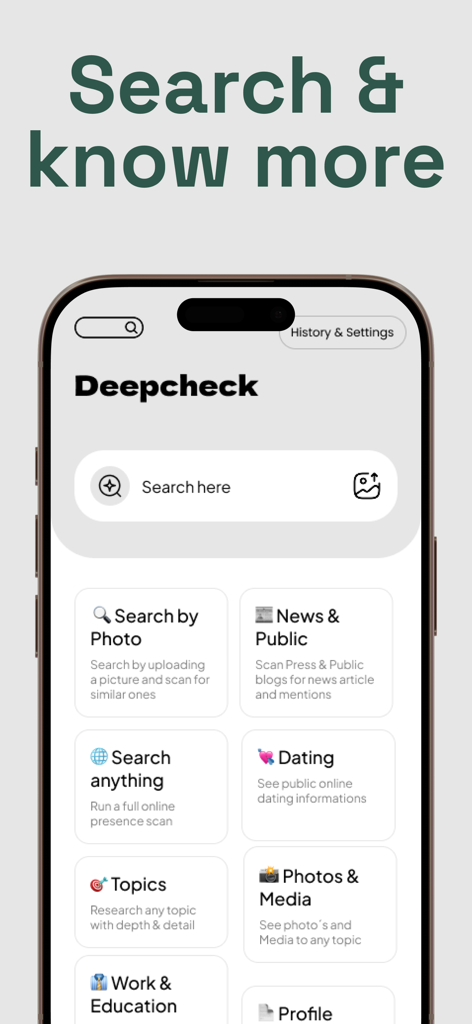 Deepcheck - AI Search - Interfaz principal de la aplicación Deepcheck AI Search que muestra módulos de búsqueda para fotos, citas, noticias y trabajo