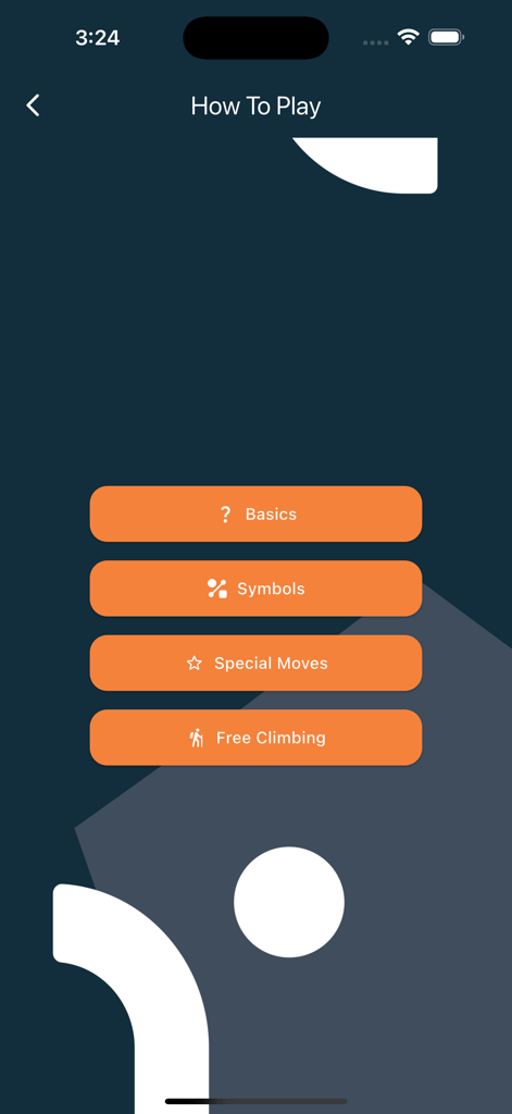 Menu 'Comment jouer' de l'application Boulderball montrant les options pour les symboles de base, les mouvements spéciaux et l'escalade libre.